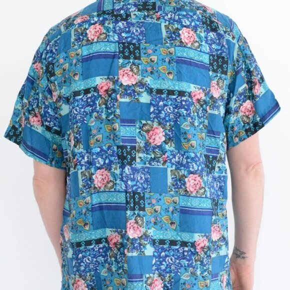 Vintage 90'S Robert Stock 100% Silk  Teal Floral Block Pattern Button Up Size M - Picture 2 of 11
